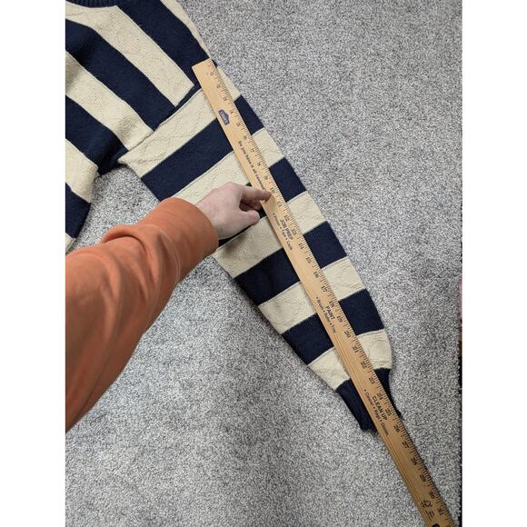 Vintage 80s 90s Reed St James Sweater L Blue Cream Stripe Preppy Heritage Knit - Picture 4 of 10